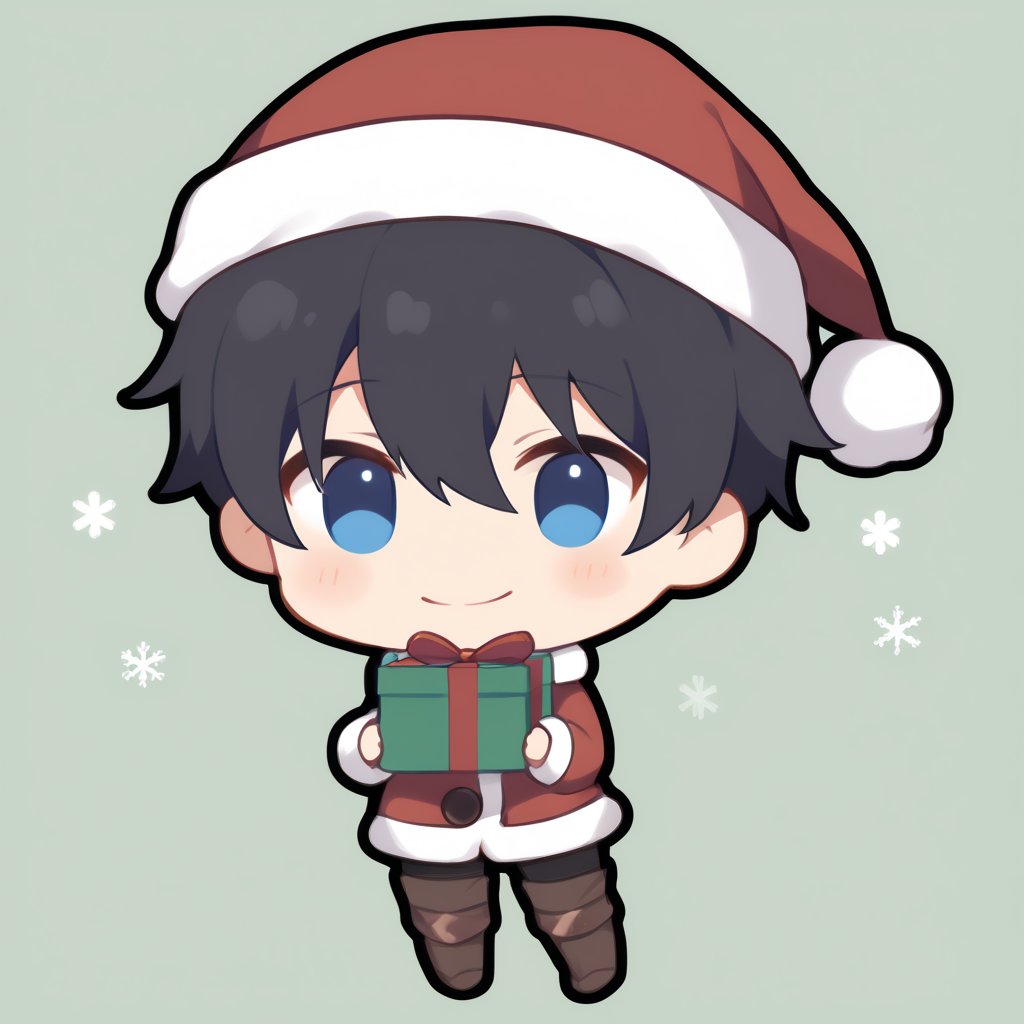 1boy, boy, solo, (black hair,) short hair, (hair between eyes), blue eyes, solo, smile, santa outfit, brown boots, holding greem gift, (chibi,), blush,,, (simple christmas background), (eye highlight)