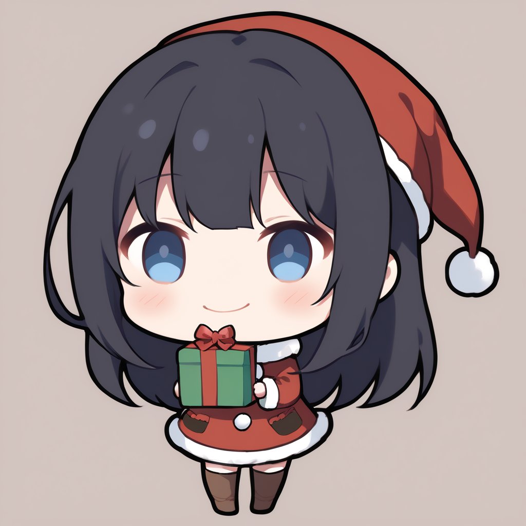 1girl, girl, solo, (black hair,) long hair, (bangs), braided hair, blue eyes, solo, smile, santa outfit, brown boots, holding greem gift, (chibi,), blush,,, (simple white background),