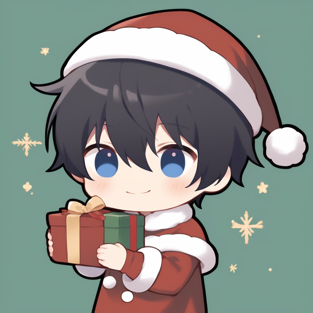 1boy, boy, solo, (black hair,) short hair, (hair between eyes), blue eyes, solo, smile, santa outfit, brown boots, holding greem gift, (chibi,), blush,,, (simple christmas background), (eye highlight)