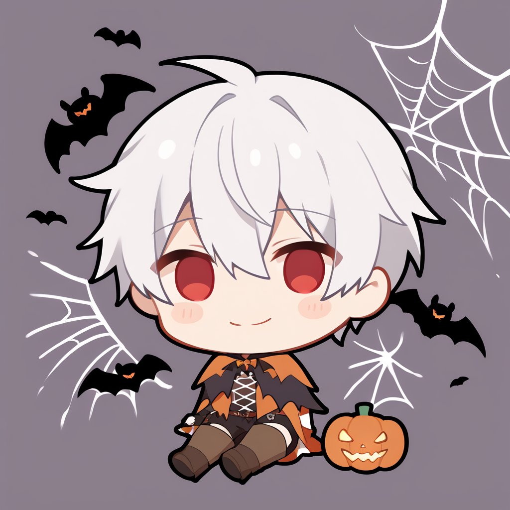 1boy, boy, solo, (silver hair,) short hair, (hair between eyes), red eyes, solo, smile, halloween outfit, brown boots, bats, cobweb, (chibi,), blush,,, (simple halloween background), (eye highlight)