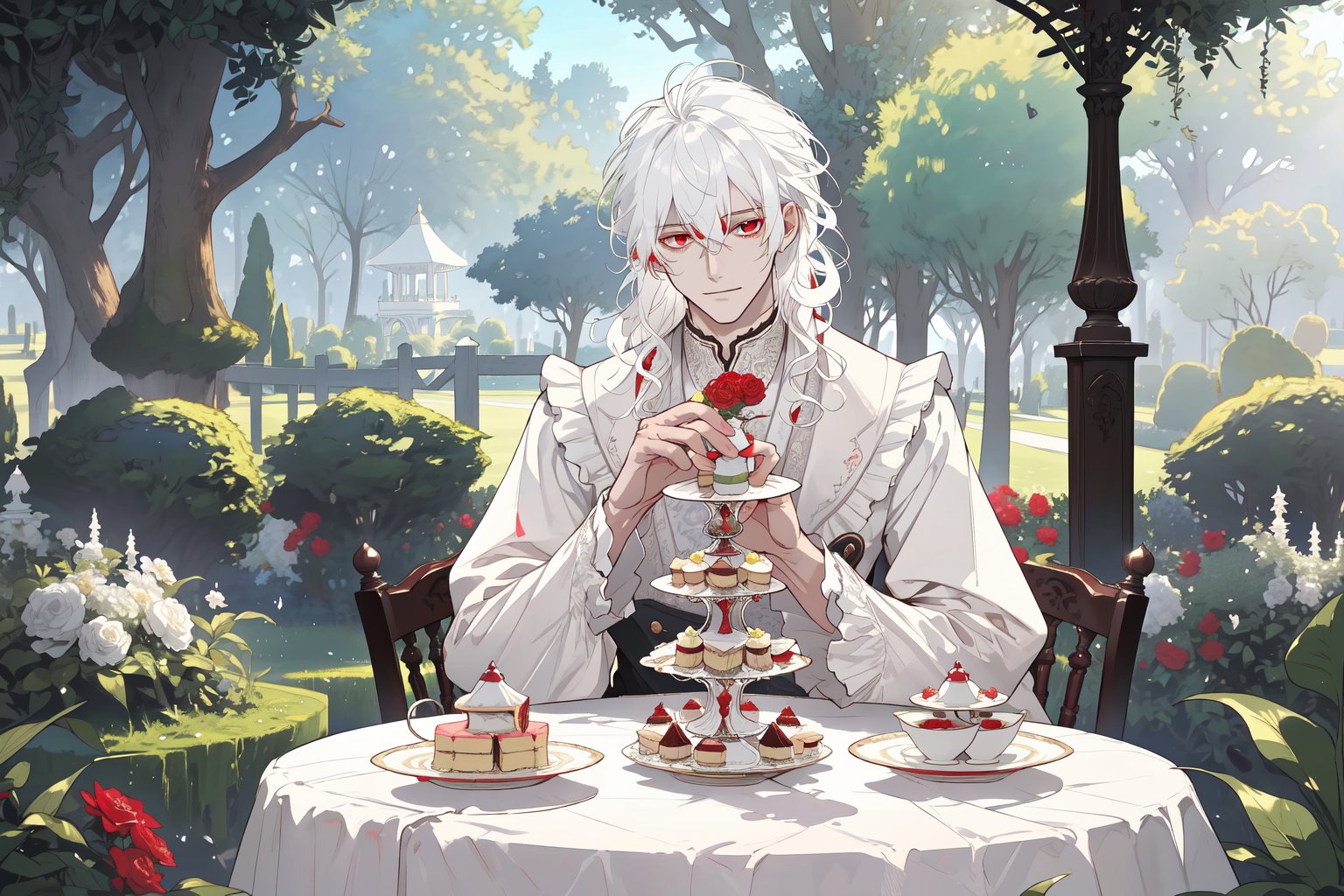 Official Art, Unity 8K Wallpaper, Extreme Detailed, Beautiful and Aesthetic, Masterpiece, Top Quality, perfect anatomy, MALE, (male:1.5), gentle expression, gentle smile, 2guys, 2boys

white haired male (white_hair:1.5), (long_curly_white_hair:1.5) long bangs with red eyes (red_eyes:1.5), other male with long, curly black hair, black clothing, dark, elegant, victorian clothing, puffy sleeves, lace, ruffles, ribbon, tea party, garden party, garden, desserts, pastries, dessert tower, (dessert_tower:1.5), tea cups, silverware, silver dagger, cakes, flowers, colorful flowers, (colorful_flowers:1.3), parasol

concept art, (best illustration), vivid colours, contrast, smooth, sharp focus, scenery, outside, sun_shining, sun, blue sky, lush garden, overgrown, outside in a garden, tea party, trees

masterpiece, midjourney, best quality, high detail eyes,More Detail,portrait,1guy,pastelbg,Add more details