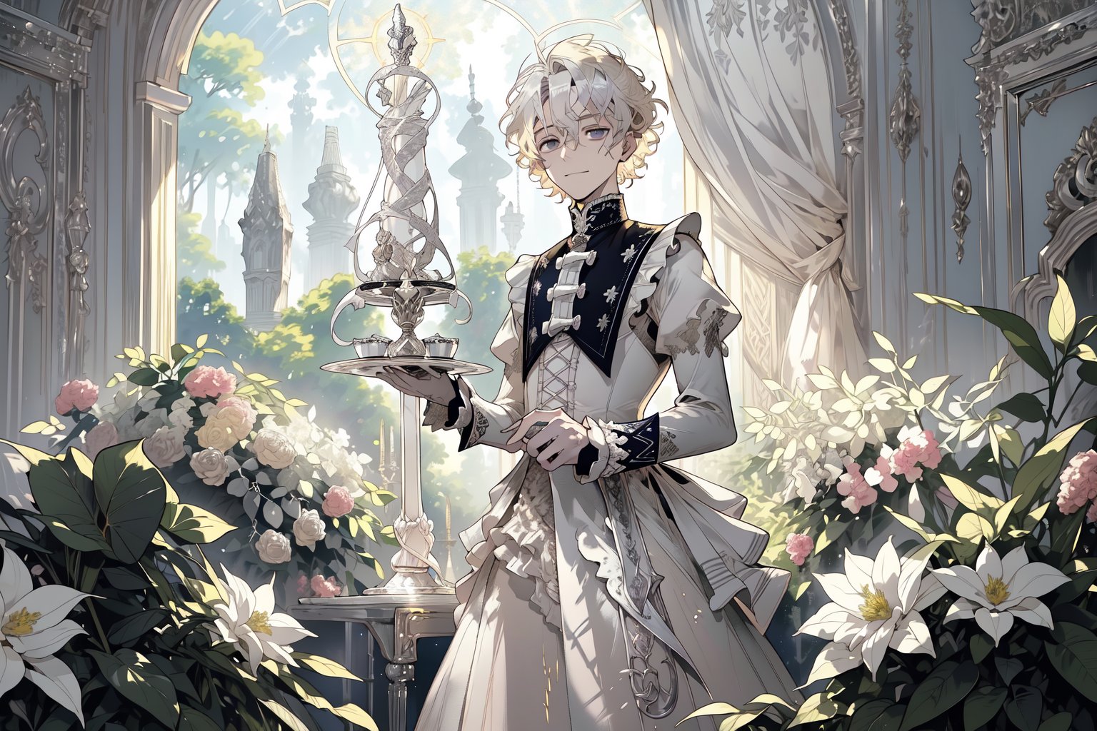 Official Art, Unity 8K Wallpaper, Extreme Detailed, Beautiful and Aesthetic, Masterpiece, Top Quality, perfect anatomy, MALE, (male:1.5), gentle expression, gentle smile 

light blonde haired male (light_blonde_hair:1.5), (short_curly_platinum_blonde_hair:1.5) long bangs with gray eyes (gray_eyes:1.5), black clothing, dark, elegant, victorian clothing, puffy sleeves, lace, ruffles, ribbon, tea party, garden party, garden, desserts, pastries, dessert tower, (dessert_tower:1.5), tea cups, silverware, silver dagger, (silver_dagger:1.5), cakes, flowers, colorful flowers, (colorful_flowers:1.3)

concept art, (best illustration), vivid colours, contrast, smooth, sharp focus, scenery, outside, sun_shining, sun, blue sky, lush garden, overgrown, outside in a garden, tea party, trees

masterpiece, midjourney, best quality, high detail eyes,More Detail,portrait,1guy,pastelbg,Add more details,Rococo style