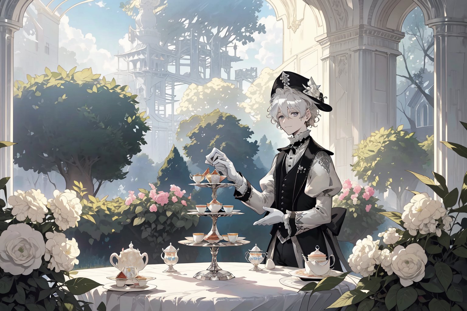 Official Art, Unity 8K Wallpaper, Extreme Detailed, Beautiful and Aesthetic, Masterpiece, Top Quality, perfect anatomy, MALE, (male:1.5), gentle expression, gentle smile 

light blonde haired male (light_blonde_hair:1.5), (short_curly_platinum_blonde_hair:1.5) long bangs with gray eyes (gray_eyes:1.5), black clothing, dark, elegant, victorian clothing, puffy sleeves, lace, ruffles, ribbon, tea party, garden party, garden, desserts, pastries, dessert tower, (dessert_tower:1.5), tea cups, silverware, silver dagger, (silver_dagger:1.5), cakes, flowers, colorful flowers, (colorful_flowers:1.3), parasol

concept art, (best illustration), vivid colours, contrast, smooth, sharp focus, scenery, outside, sun_shining, sun, blue sky, lush garden, overgrown, outside in a garden, tea party, trees

masterpiece, midjourney, best quality, high detail eyes,More Detail,portrait,1guy,pastelbg,Add more details,Rococo style