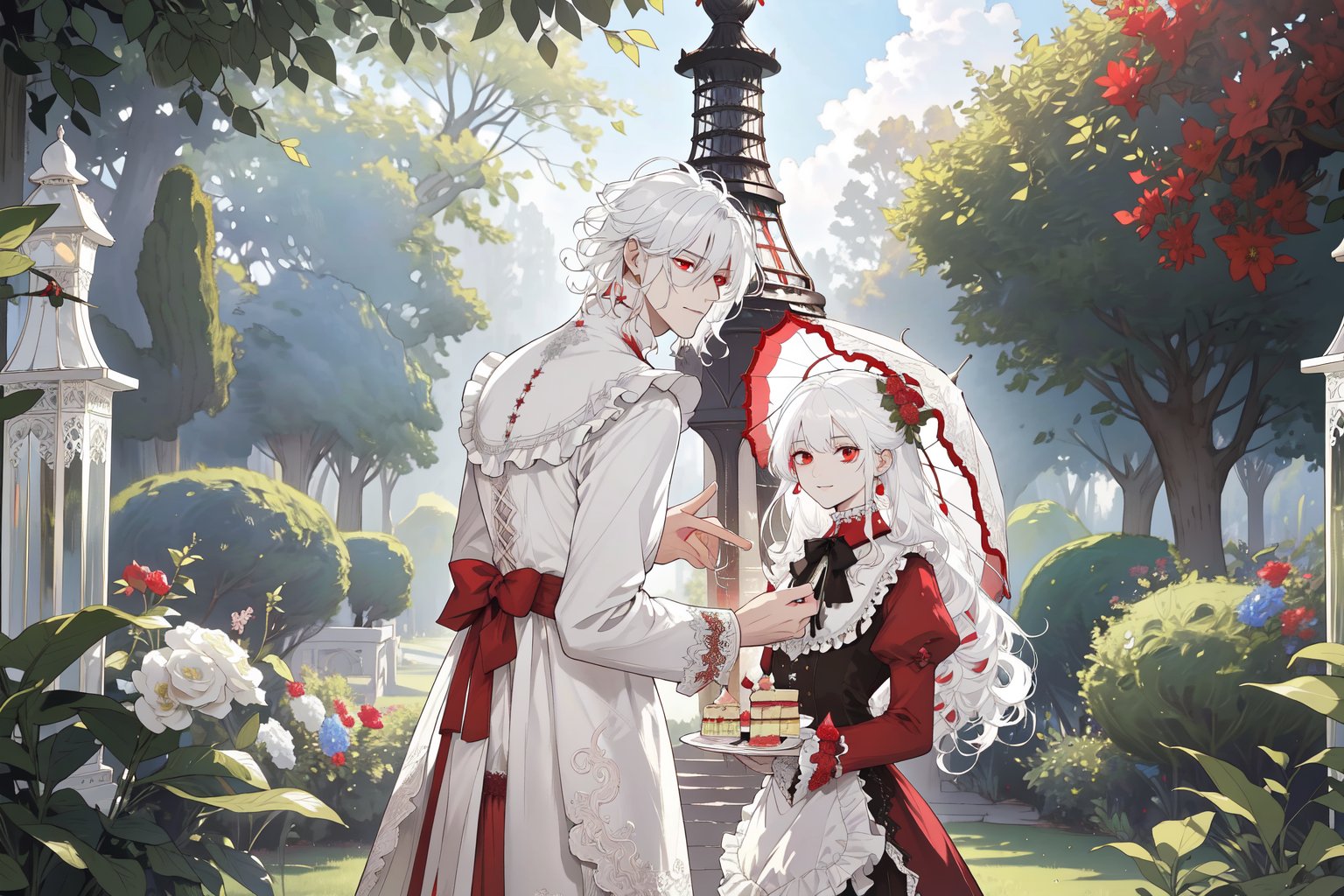 Official Art, Unity 8K Wallpaper, Extreme Detailed, Beautiful and Aesthetic, Masterpiece, Top Quality, perfect anatomy, MALE, (male:1.5), gentle expression, gentle smile, 2guys, 2boys

white haired male (white_hair:1.5), (long_curly_white_hair:1.5) long bangs with red eyes (red_eyes:1.5), black clothing, dark, elegant, victorian clothing, puffy sleeves, lace, ruffles, ribbon, tea party, garden party, garden, desserts, pastries, dessert tower, (dessert_tower:1.5), tea cups, silverware, silver dagger, cakes, flowers, colorful flowers, (colorful_flowers:1.3), parasol

concept art, (best illustration), vivid colours, contrast, smooth, sharp focus, scenery, outside, sun_shining, sun, blue sky, lush garden, overgrown, outside in a garden, tea party, trees

masterpiece, midjourney, best quality, high detail eyes,More Detail,portrait,1guy,pastelbg,Add more details