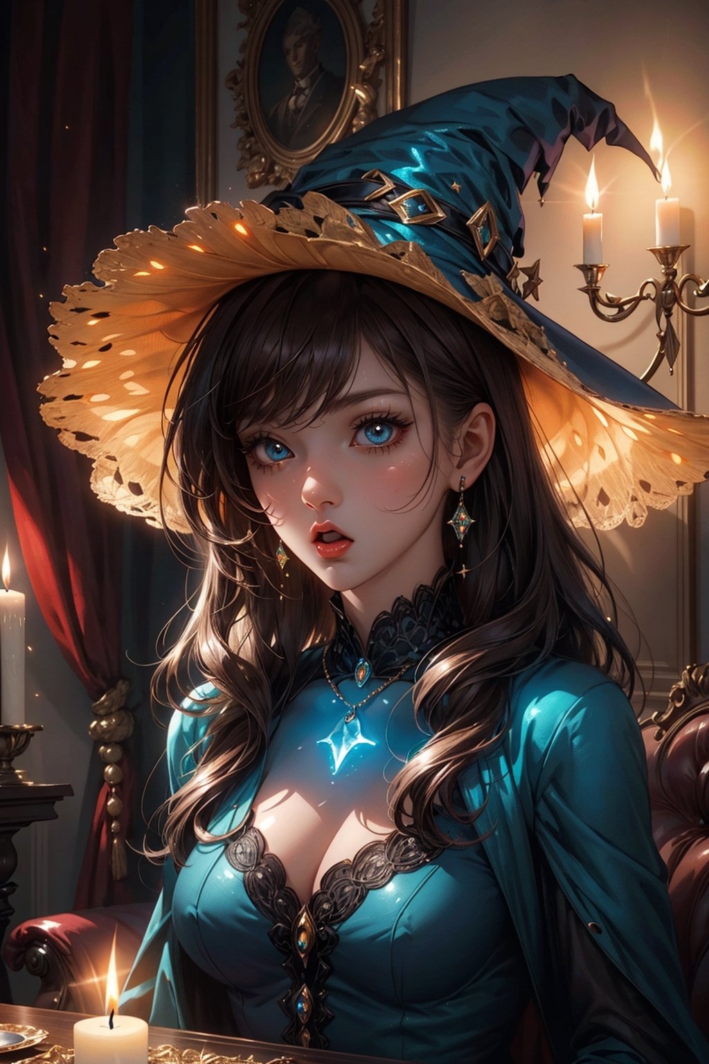 witch girl, waifu portrait, evil, witch hat, magic, dark bedroom, brown hair, dark bed, Middle Ages, light from a candle, warm colors, warm light, dim light, dark portrait, anime style, sakimichan, wlop, loish, artgerm, darek zabrocki, jean-baptiste monge, bioluminescence, hypereallistic,(O_O:1.4)