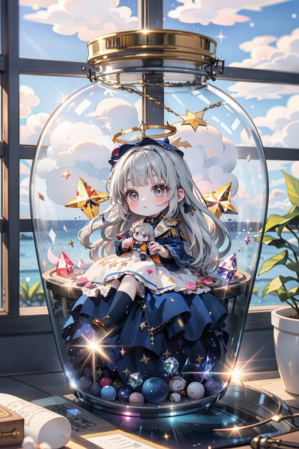 (1 Girl, grey hair, long hair, white eyes, lolita dress, white dress, short dress, little chest, pale skin, soft skin, glitter, heart, pastel, crystal, halo, gorgeous, navy, white, black, doll)
(Sunlight enters the window)
(Background, cute groove)
(Dolls at home)
(Full body)
(Sitting Down)
(fluffy, soft, light, bright, shiny, closed eyes, cute, white, indigo, blue, cloud)
Best quality, masterpiece, glitter, JAR, masterpiece