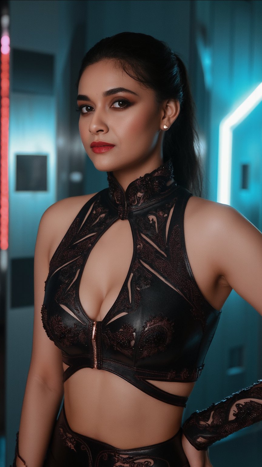 (Ultra-detailed, 16k, Edgy and Contemporary): A close-up of keerthy suresh in a bold, leather crop top with cut-out designs that reveal her navel and toned midriff. The leather shines under a focused spotlight, highlighting the intricate details of the design. She pairs it with high-waisted leather pants, giving the look a fierce and edgy vibe. Her hair is styled in a sleek, high ponytail, and she wears dark eyeliner for a dramatic effect. The background is a futuristic, metallic environment, with neon lights enhancing the boldness of her look and keeping the focus on her navel