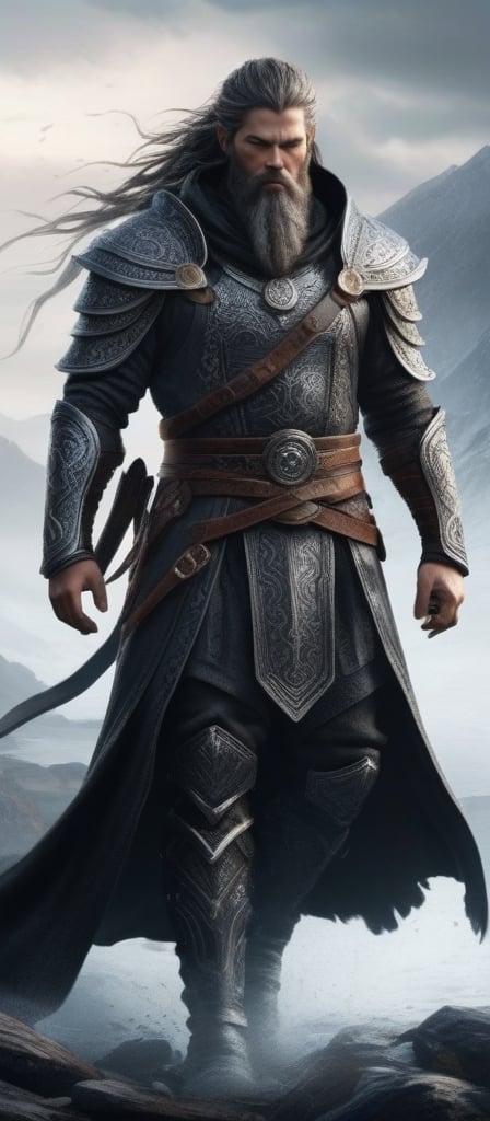 ultra realistic, photorealistic, ultra sharpness, ultra HDR, 4k, 8k, 16k, high quality texture, A full body photograph with realistic style portrays, Extremely beautiful , well done, a young and powerful Norseman-god with a angular and pointed face from which a long black braided beard starts, like his rebellious and long hair  of medium height armed with two formidable daggers in attack position with black damask blades inlaid with onyx gems, a silent and formidable warrior, cloaked in the shadows that branch out from his cloak as black as night, equipped for battle with a thick black leather armor embellished with runes of protection and runic spirals. One aspect that sets him apart is his special boot made of black leather with greyish runic inlays from which curls of fog pipe
, ultra-realistic detail, Ultra detailed, The composition imitates a cinematic movie, The intricate details, sharp focus, perfect body proportion, full body seen from afar, a mystical ancestral land background, ultra realistic, iper realistic image,