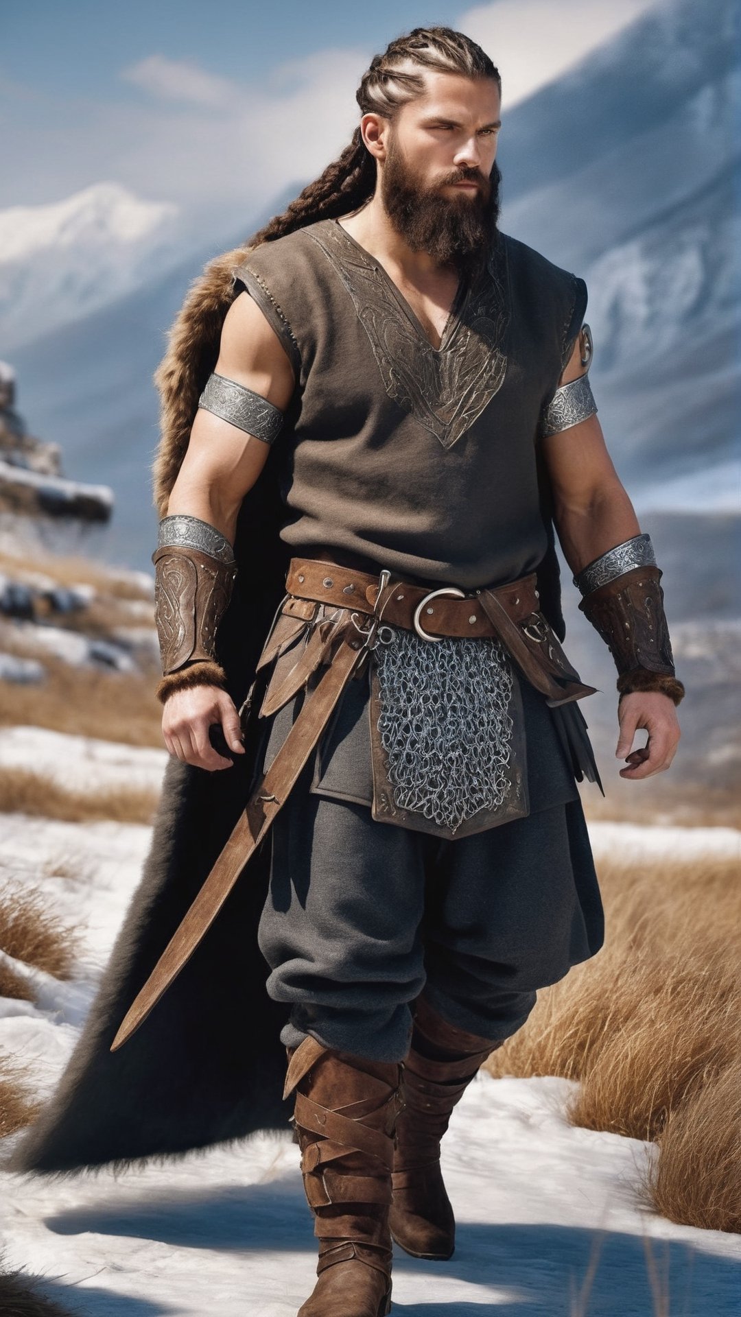 ultra realistic picture of 1 20yo norsen boy (fighter), perfect bodies, Extremely beautiful, intimidating and raw look, high detailed image, realism, hdr, ultra hd, 4k, 8k, high detailed texture, detailed skin, realistic shade, detailed muscle, detailed face, detailed hands, detailed long beard, glittering chainmail, detailed  raw wool winter tunic with v-neckline,  detailed fur cape, detailed winter fur and leather armor, tight leather bands around the calves, fur shoes, decorative bracelets and rings, runic tattoos All over the body that emit a slight shine, dreadlocks hair styles, (10th century style clothing) ((full body)), (seen from afar).