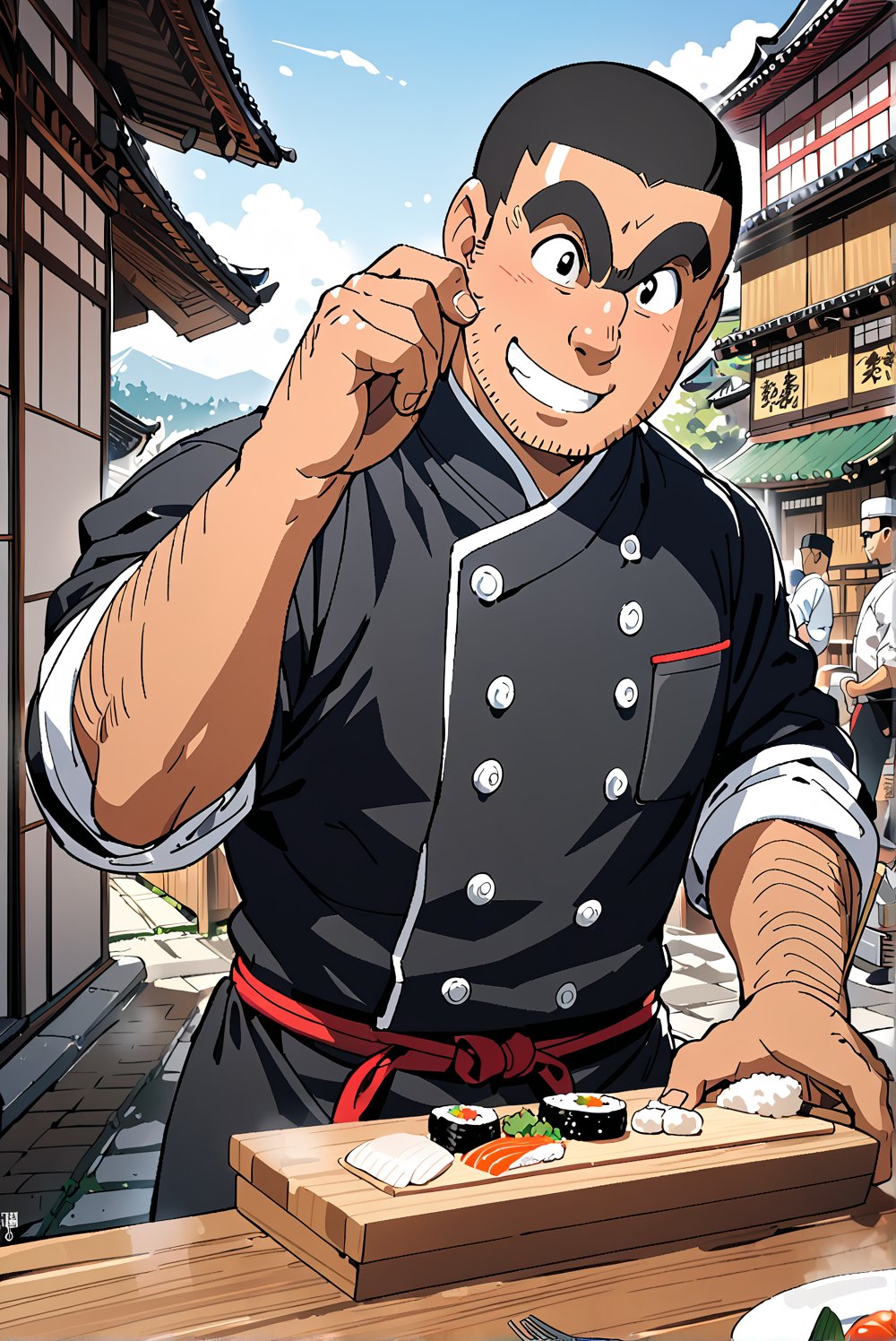 1boy, Ryōtsu Kankichi (Kochikame), solo, 
unibrow, thick Eyebrow, black hair,
black eyes,
hand_hair,stubble,
short body, wide body, broad shoulders, 
short,clog,


japanese_clothes,
chef,sushi chef, cooking
roll up sleeves,

scenery,
smile, 
unibrow, short,

Masterpiece, 4K, ultra detailed, anime style, 
more detail XL, SFW, 
depth of field,
Ink art,Giboshi Matoi(Kochikame),Ryōtsu Kankichi(Kameari)