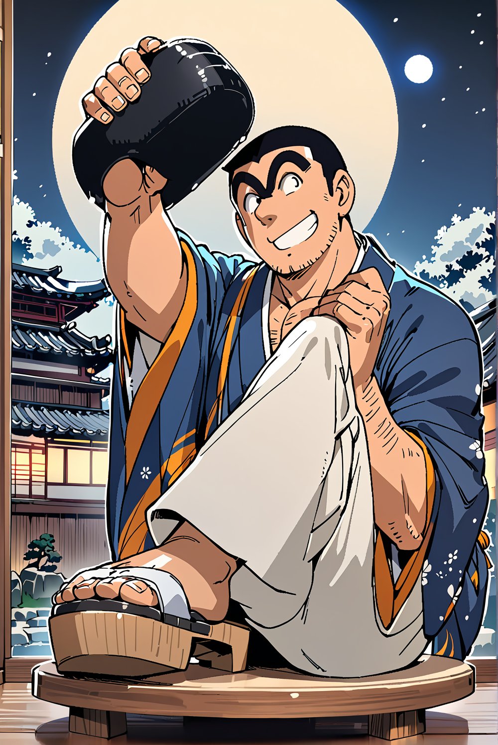 1boy, Ryōtsu Kankichi (Kochikame), solo, 
unibrow, thick Eyebrow, black hair,
black eyes,
hand_hair,stubble,
short body, wide body, broad shoulders, 
short,clog,


japanese_clothes,hanten_(clothes),
roll up sleeves,
scenery,night, moon,

smile, unibrow, short,

Masterpiece, 4K, ultra detailed, anime style, 
more detail XL, SFW, 
depth of field,
Ink art,Giboshi Matoi(Kochikame),Ryōtsu Kankichi(Kameari)