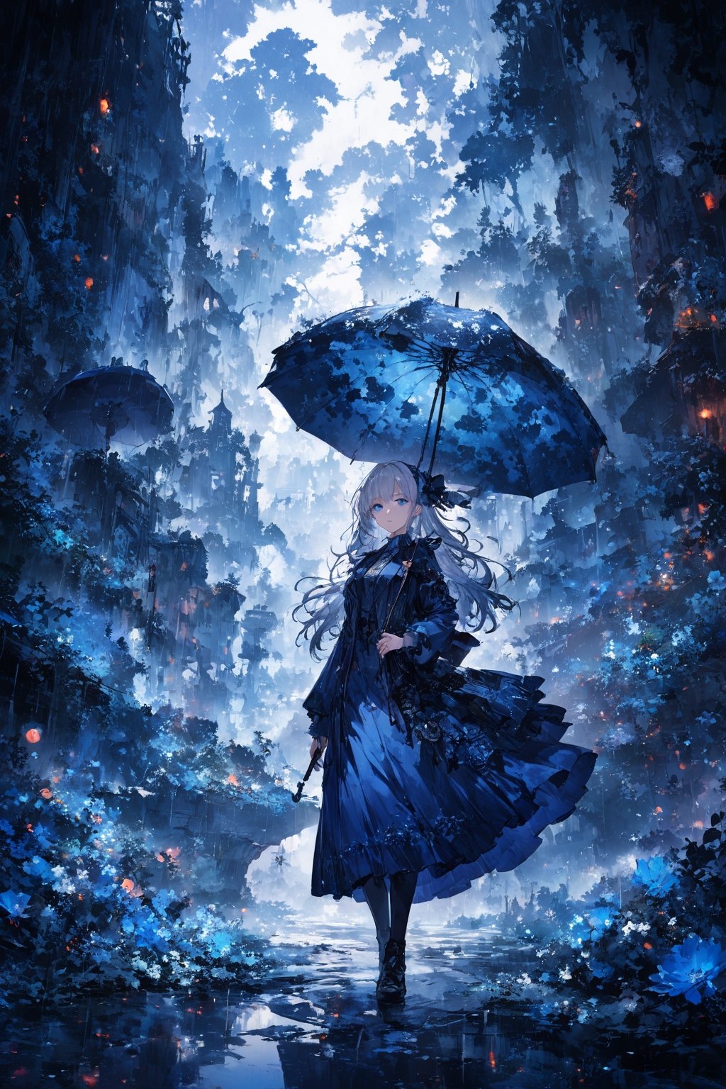 Official Art, Unity 8K Wallpaper, Extreme Detailed, Beautiful and Aesthetic, Masterpiece, Top Quality, perfect anatomy, a beautifully drawn (((ink illustration))) depicting, integrating elements of calligraphy, BLACK and BLUE accents, watercolor painting, concept art, (best illustration), (best shadow), Analog Color Theme, vivid colours, contrast, smooth, sharp focus, scenery,

1girl, solo, short hair, looking at viewer, white hair, blue eyes, suit, flower, umbrella, gears, indigo theme, plateau, rainy day, fog