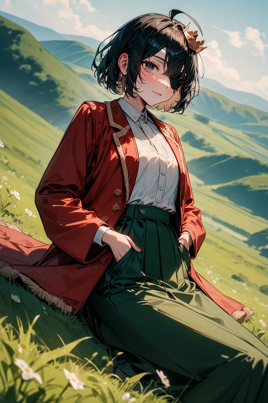 high_res,masterpiece,very aethetic,newest,masterpiece, absurdres,1girl,(black hair,black eyes, eyepatch on left eye, shaggy cut,ahoge),(red coat,white shirt, green skirt, broken crown ), (lying on field, hands in pocket,closed mouth),(hill,afternoon,1920s,Hungarian)