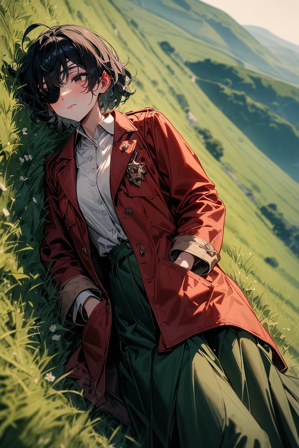 high_res,masterpiece,very aethetic,newest,masterpiece, absurdres,1girl,(black hair,black eyes, eyepatch on left eye, shaggy cut,ahoge),(red coat,white shirt, green skirt, broken crown,ballpoint pen in pocket ), (lying on field, hands in pocket,closed mouth,melancholy),(hill,afternoon,1920s,Hungarian)