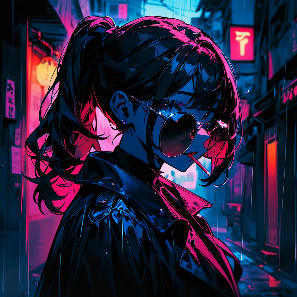 high_res,masterpiece,very aethetic,newest,masterpiece, absurdres,illustration,best_quality,portrait,vivid_colour,1girl,(black_hair,black eyes,ponytail,sunglasses,matured girl ),(black coat,coat on shoulder, black shirt,black chino pants, triad, ),(gazing viewer, smoking, slightly lowed sunglasses,),(city,backstreet,rainy)