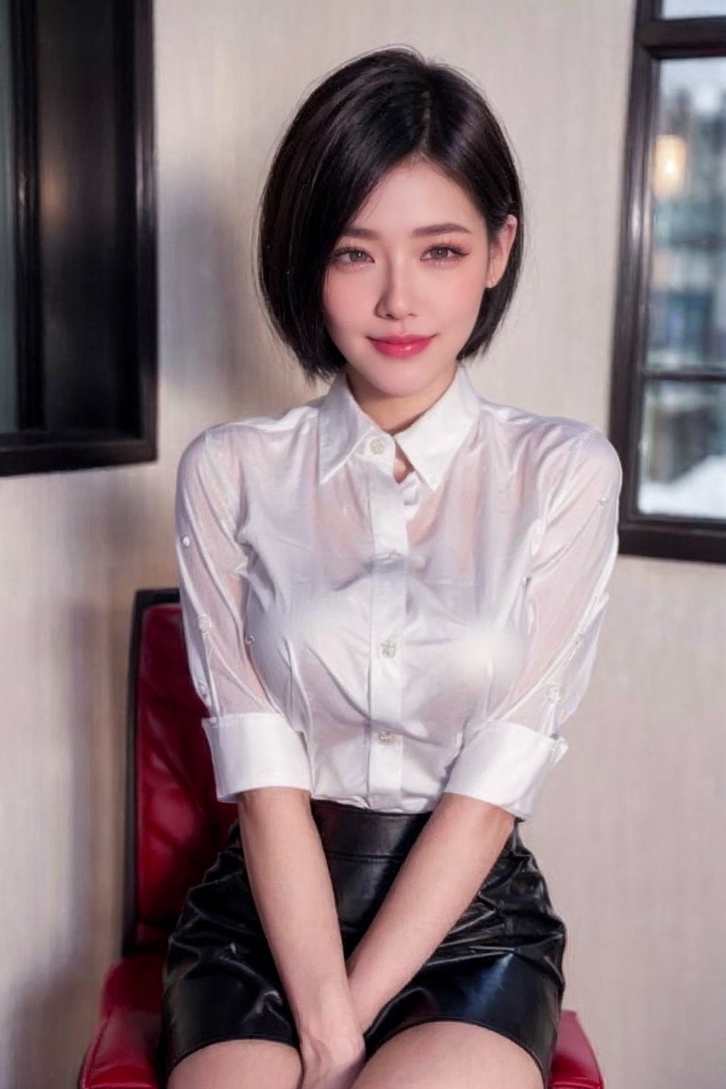 (Best quality, 8k, 32k, Masterpiece, UHD:1.2),Photo of Pretty Japanese woman, 1girl, mid-twenty milf, (medium-short dark brown hair), double eyelids, natural medium breasts, long-legged, soft curves, ( tight fit suit), ((white shirt)), grey skirt, sitting on office chair, office, snowy sky, heavy snow, sexy face, seducing smile, look at viewer, exquisite detailed real skin texture, detailed fabric texture,elephantdee 3.0,(short-hair)