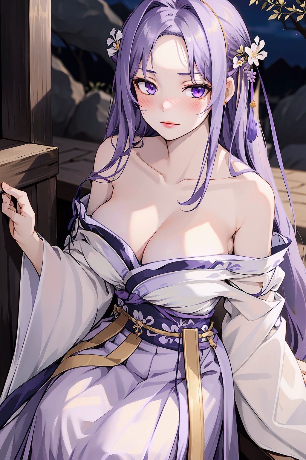 masterpiece, sharp focus, sharp contrast, absurdres, ultra quality, illustration, wallpaper, anime, beautiful and aesthetic, 1girl, solo, quinella, (17 years old, gorgeous teenage girl, aloof), radiant skin tone, full-length long hair, very long hair, straight hair, ((pale lavender-purple hair)), long hair blowing in the wind, side swept bangs, parted bangs, golden floral hair ornaments, gold hairpin, long hair over breasts, violet eyes, highly detailed eyes, red eye shadows, looking at camera, (blush), full lips, sexy plump lips, lower lip gloss, pink lips, ((hanfu, Chinese clothes)), pale lavender-purple hanfu, long tulle dress, 右衽,  hanfu waist ribbon belt, girdle ribbon, long pleated skirt, D cup, deep V cleavage, (bulging breasts), perfect breasts, (((pulled down dress, bare shoulders, strapless, collarbone))), armlet, small waist, voluptuous body, hour glass figure, wide sleeves, long sleeves, medium closeup shot, ((plain dark background, night scene)), best illumination, light rays illuminating her breasts with high intensity