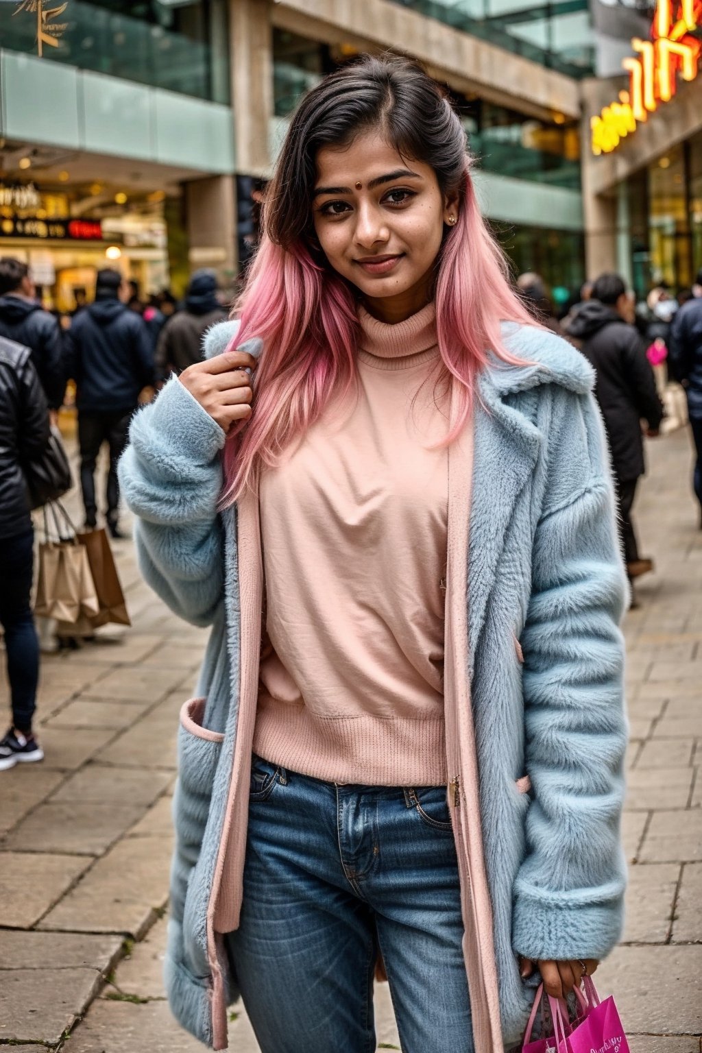 beautiful cute young attractive indian teenage girl, village girl, 18 years old,bunny blue woolen jacket, long pink_hair, colorful hair, warm, dacing, at shopping mall 