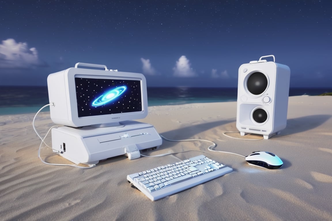 (no humans), Computer Case,(color fan),(white appearance),ocean,starry_sky,star_trail,horizon,Curved monitor and a lightning keyboard and mouse