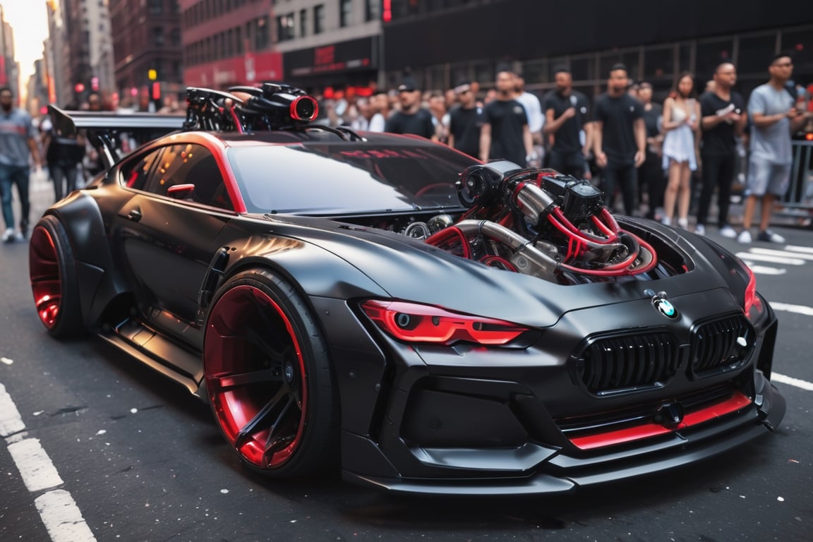 BMW M4, concept car, fancy cyborg design, futuristic, cyborg style,cyberpunk style, surrounded by people , Drifting New York City, Black color, glossy, Light red color wheels,detailmaster2, high details, front perspective view,cyberpunk,pturbo