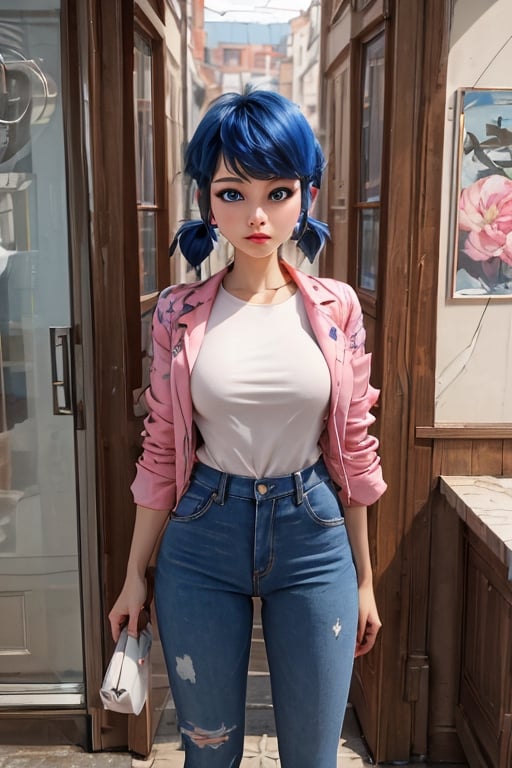 masterpiece, best quality, full body view, 1 girl, alone, looking at viewer, blue eyes, big breasts, blue hair, white shirt, shirt with pink flower print, two pigtails, short hair, black jacket, pants denim, 