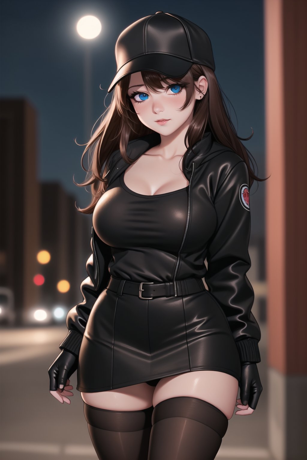 best quality, masterpiece:1.2, best quality,(kawaii:1.2), ultra-detailed, illustration, shy, (((night))), Highly detailed, High Quality, Masterpiece, beautiful, Girlfriend, 1girl,  1 red eye, 1 blue eye, (heterochromia), solo, black baseball cap, black winter jacket, black fingerless gloves, putting on gloves, black skirt, ((pantyhose)), standing, long hair, wide hips, thick thighs, large breasts, best shadows:1.2, god rays:1.1, ultra-realistic photography, extremely detailed natural texture, photorealistic, RAW photo, TanvirTamim, high quality, high res, sharp focus, extremely detailed, cinematic lighting, to the side, 8k uhd, high res, shy, nervous, (left red eye), (right blue eye), (heterochromia), dark brown hair, beautiful face, beautiful eyes, detailed eyes, realistic