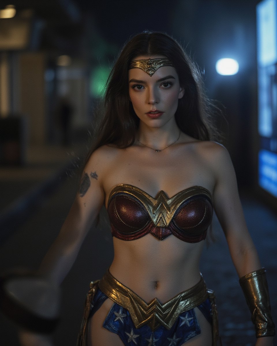 ((Anya Taylor-Joy)),(in Wonder Woman costume),pretty face,strong woman,RAW photo,(wide effect:1.2),(pale complexion), (a photo of 20y.o. woman:1.3), (pale skin:1.2), (abs:1.1), dim lit, (high detailed pale skin, detailed eyes:1.1), 8k uhd, dslr, soft lighting, intricate details, best quality, film grain, Fujifilm XT3, analog style, instagram, tik tok, (Pin up Girl style:1.2), (makeup:0.1),(in a fantasy world:1.2), (blushing face:1.2),tight clothes,fighting pose, full body portrait, in a dark city, full body portrait 