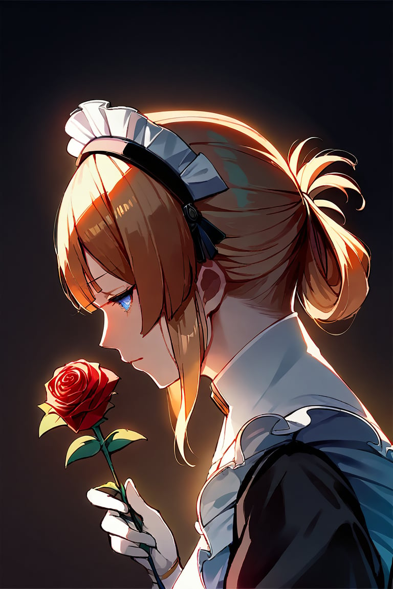 Prompt: score_9, score_8_up, score_7_up, score_6_up, zPDXL3, source_anime, mature, Risa, sniffing, holding a glowing red rose, upper_body, thinking, Noir maid outfit, maid headdress, elbow gloves, colorful, dark background, fading border, side lighting,