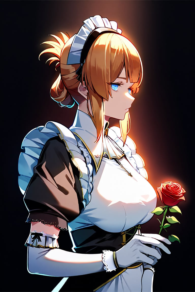 Prompt: score_9, score_8_up, score_7_up, score_6_up, zPDXL3, source_anime, mature, Risa, holding a glowing red rose, upper_body, thinking, Noir maid outfit, maid headdress, elbow gloves, colorful, dark background, fading border, side lighting,