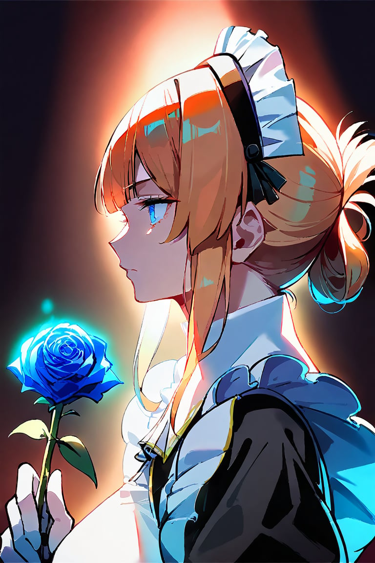 score_9, score_8_up, score_7_up, score_6_up, zPDXL3, source_anime, 1girl, solo, mature, Risa, holding a glowing rose, upper_body, thinking, Noir maid outfit, maid headdress, elbow gloves, colorful, dark background, fading border, side lighting,