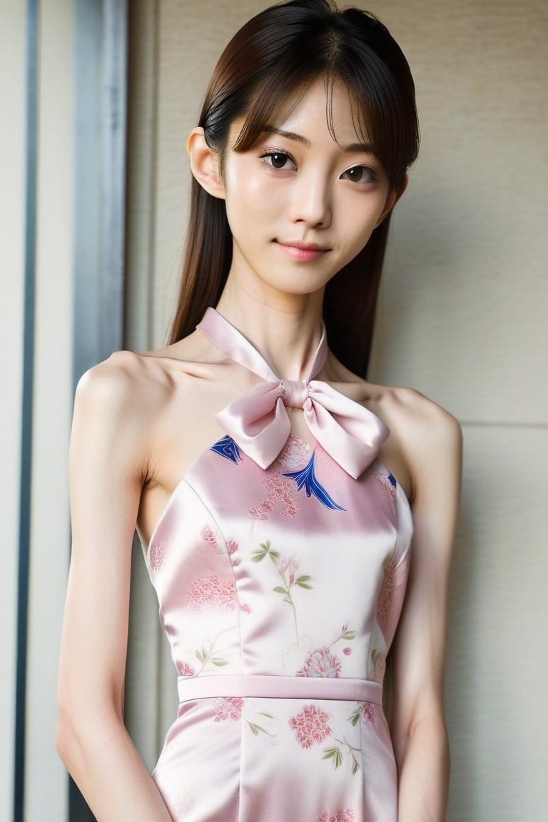 Full body image of a beautiful skinny and fit pale Japanese girl in pretty dress. She has unnaturally extremely long neck....