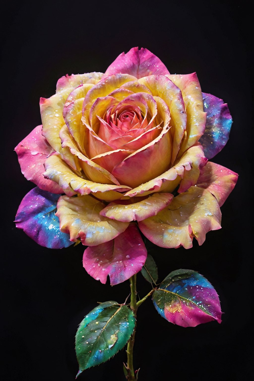 (Innovative and original abstract photograph:1.4), made of (multi-colored rose petals falling onto a black canvas:1.3) and (making up a perfect rose silhouette:1.4), neon light, amazing artwork, serendipity art, sharp focus, intricate details, highly detailed, by God himself, ADD MORE DETAIL,glitt3r