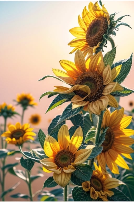 Create a watercolor clip art of a sunflower in full bloom, with vibrant, rich colors and intricate details. The sunflower should be the focal point of the artwork, showcasing its iconic yellow petals and dark brown center. The background should feature gentle, soft watercolor washes to complement and highlight the sunflower. The final artwork should exude a sense of warmth and natural beauty, with a high level of detail and realism