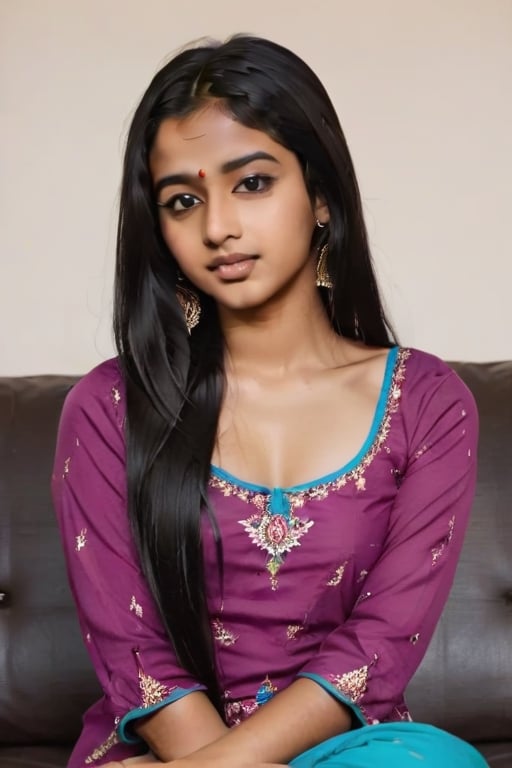 beautiful cute young attractive indian teenage girl, village girl, 18 years old, cute, Instagram model, long black_hair, colorful hair, warm, dacing, in home sit at sofa, indian