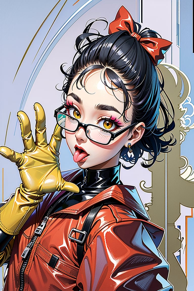 UPSCALED. MASTERPIECE. chic glasses,, better hands, nice hands,  rubber, latex, hip-up, pretty eyes,, (yellow gloves, yellow rubber gloves),  glossy skin, see-through clothe, (makeup),tongue out