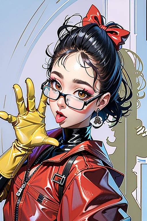 UPSCALED. MASTERPIECE. chic glasses,, better hands, nice hands,  rubber, latex, hip-up, pretty eyes,, (yellow gloves, yellow rubber gloves),  glossy skin, see-through clothe, (makeup),tongue out