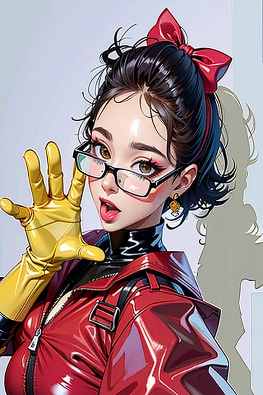 UPSCALED. MASTERPIECE. chic glasses,, better hands, nice hands,cleavage,  rubber, latex, hip-up, pretty eyes,, (yellow gloves, yellow rubber gloves), bottom boob, huge breasts, glossy skin, see-through clothe, (makeup),tongue out