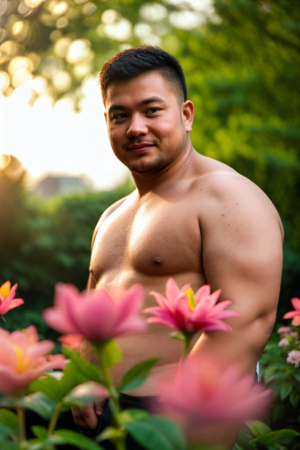 Thai man (chubby bold man) in the garden, flowers, sunlight, lush forest outside,  Glowing . , brilliant colors, sheen, sunset , short  hair, depth of field, shallow ,bokeh, cinemascope, moody, epic