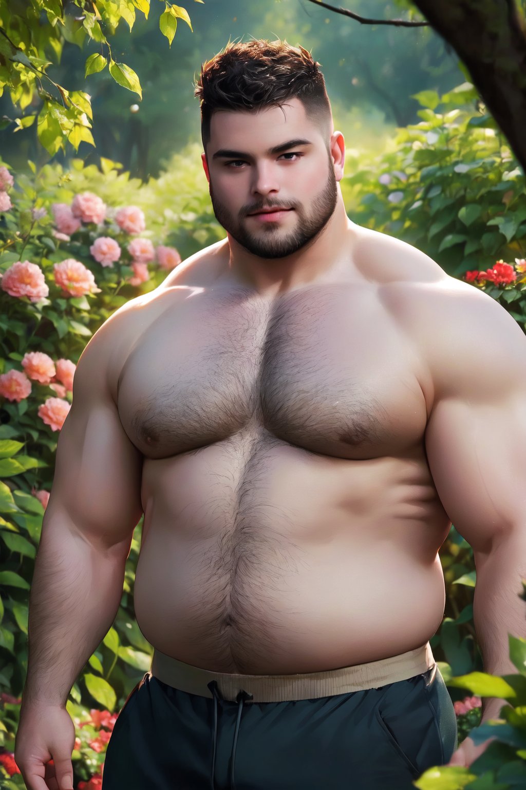 men,(chubby man),(chubby muscle man) in the garden, flowers, sunlight, lush forest outside,   Glowing . , brilliant colors, sheen,  , short  hair, depth of field, shallow ,bokeh, cinemascope, moody, epic