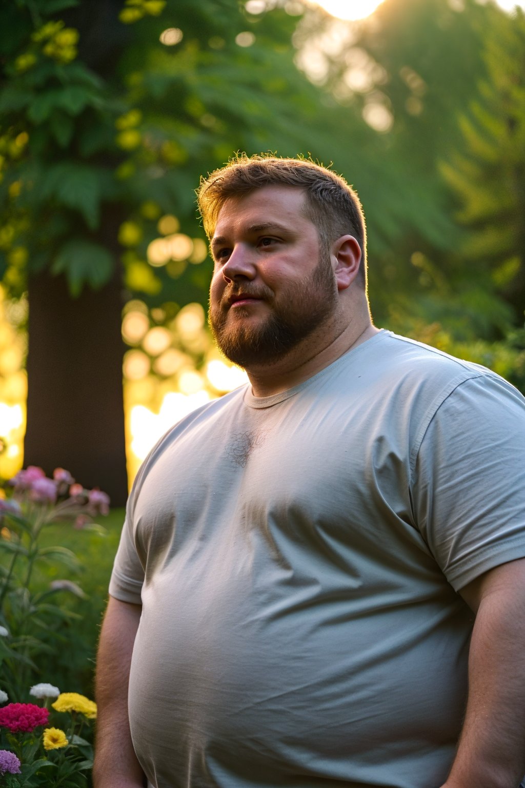 (chubby bold man) in the garden, flowers, sunlight, lush forest outside,  Glowing . , brilliant colors, sheen, sunset , short  hair, depth of field, shallow ,bokeh, cinemascope, moody, epic