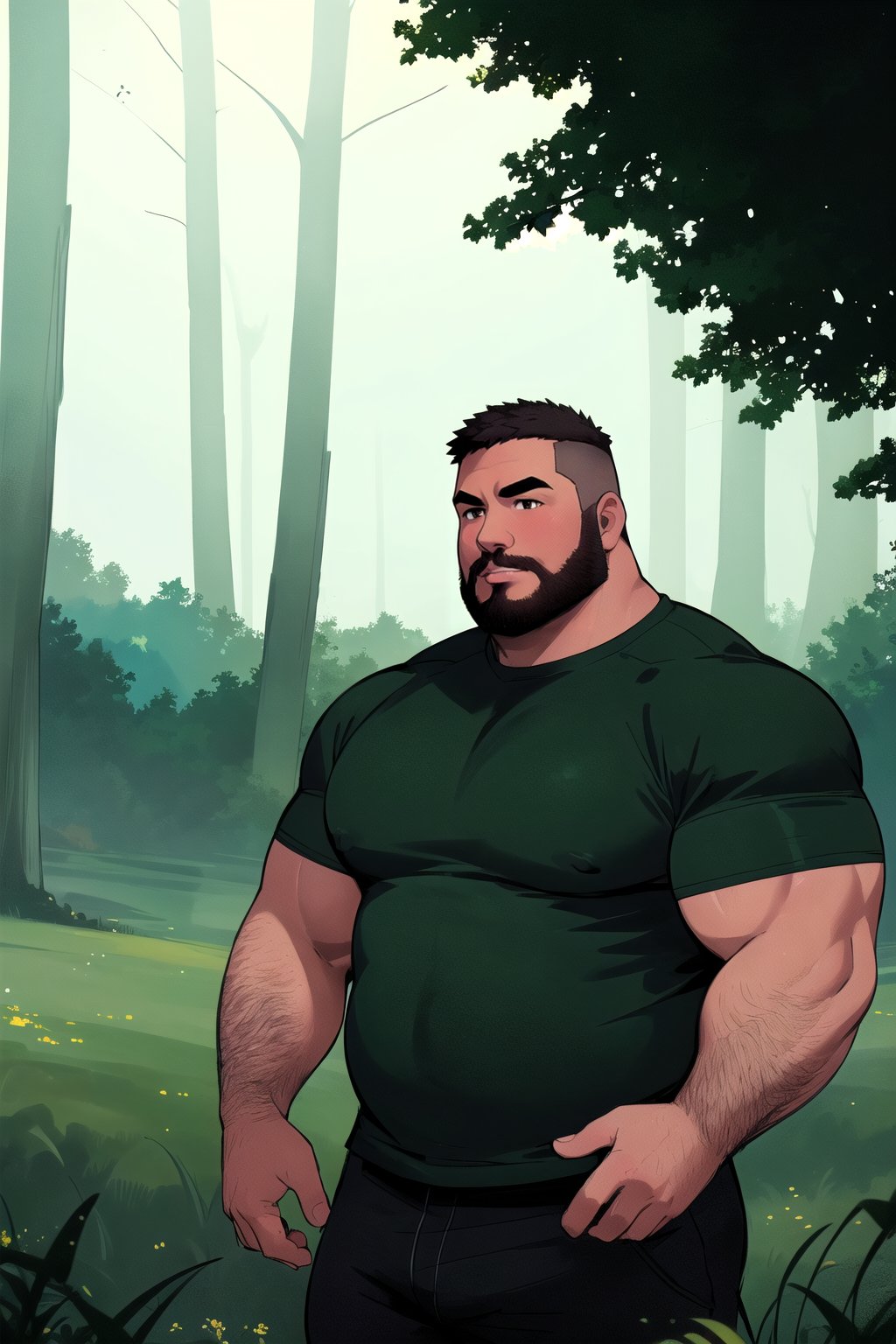 men (chubby  men),(chubby muscle man),(Bold man)(Bold, tough, muscular man).1boy, solo,man smart , with in the meadow ,atmosphere Glowing , outside, ,brilliant colors,Overgrown,shining,mystic, darkness, Film grain, cinematic film still, shallow depth of field, highly detailed, moody, epic, 