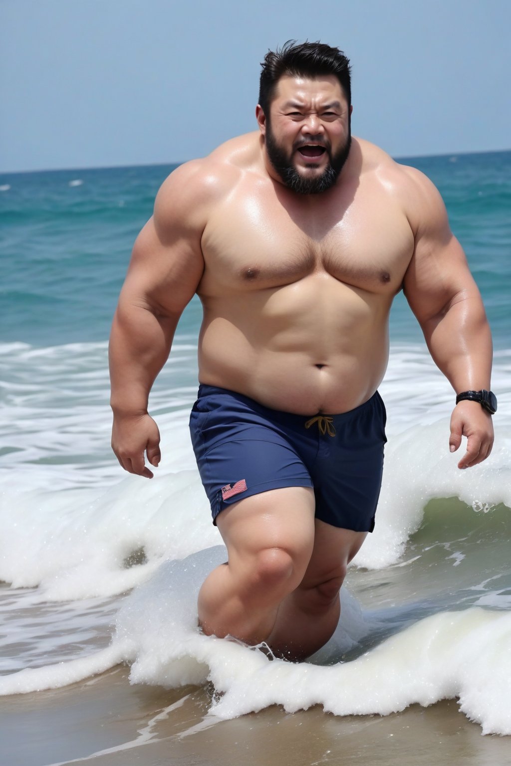 A Wolverine chubby bold man , chubby muscle man, chubby mature man,in the beach sea and ocean 🌊 waking 