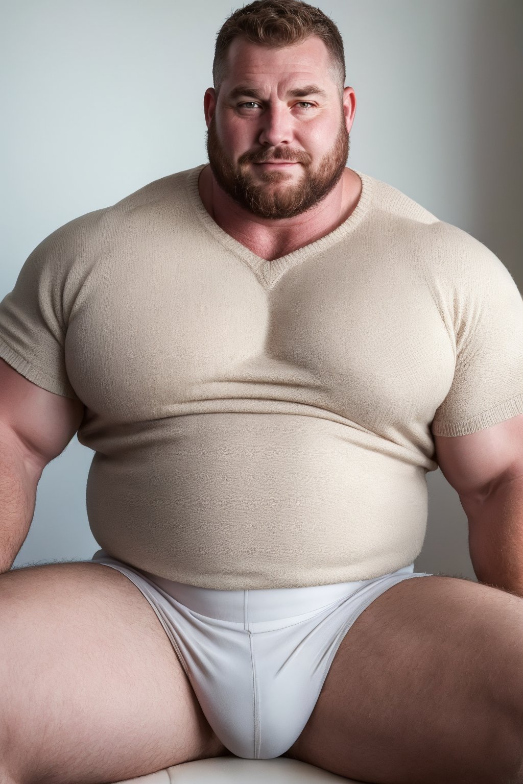 (2 beefy daddy style)(chubby mature man),(chubby man)(Bold),,(great man )( tough), (muscular man) in the Sitting calmly in front of a subtle gradient backdrop, she looks directly at the camera. Soft natural light illuminates her face. A white short-sleeved shirt hugs her figure. The composition is tight and intimate. The high-resolution lens captures the intricate texture of the sweater, while a soft focus effect maintains a minimalist, distraction-free aesthetic.