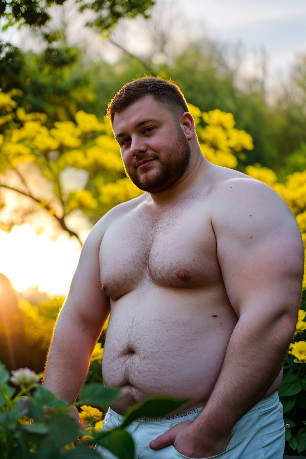 (chubby bold man) in the garden, flowers, sunlight, lush forest outside,  Glowing . , brilliant colors, sheen, sunset , short  hair, depth of field, shallow ,bokeh, cinemascope, moody, epic