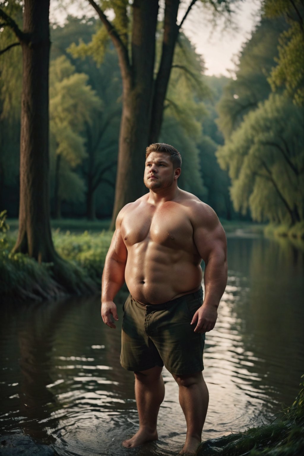 men (chubby  men),(chubby muscle man),(Bold man)(Bold, tough, muscular man).1boy, solo,man smart , with big trees, Riverside ,atmosphere Glowing , outside, ,brilliant colors,Overgrown,shining,mystic, darkness, Film grain, cinematic film still, shallow depth of field, highly detailed, moody, epic, 