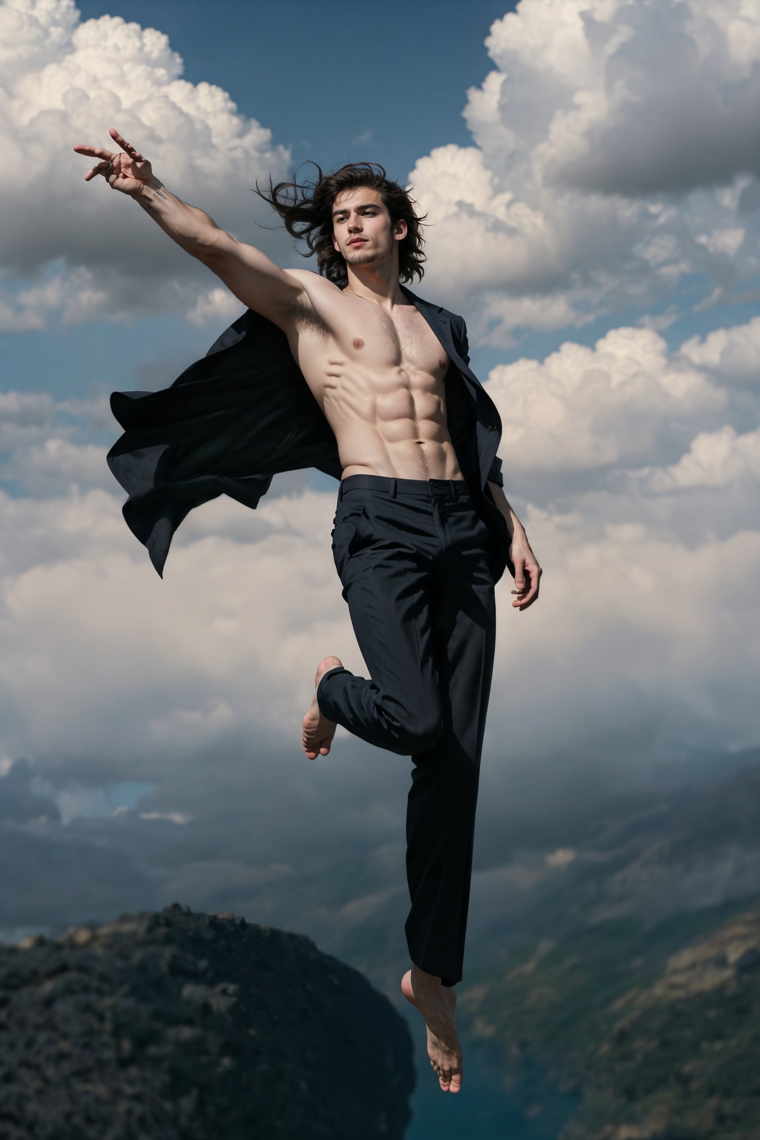 a ((full-body shot)) of a 17-year-old , Greek god, a European boy with, slim body, brown shade haircut, ((pale skin)), he's floating in the air, fighting in the sky

he's wearing a black suit, and black pants, 

((floating in the air)),

 no chest hair, alone, 




realistic, masterpiece, with amazing photography, 8k, HDR, ultra-high resolution, realistic face, realistic body, realistic eyes, highly detailed eyes, perfect young face, ultra-high resolution,8k,Hdr, soft light, perfect face, cinematic light, soft box light, pal colors, unsaturated colors, abandoned_style, photo of perfect eyes, perfect leg,  perfect foot, can see the whole body, sharp focus,  male_only,  smooth, realistic skin,hdsrm, renaissance,Detailedface,telekinesis,floating in the air