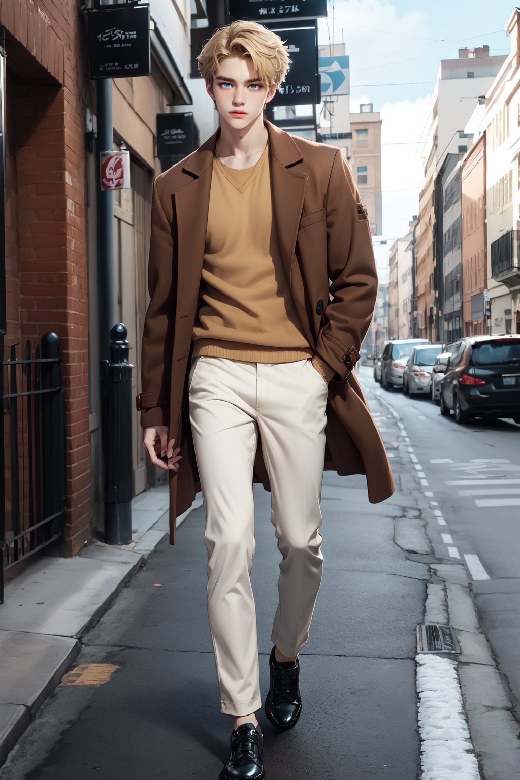 1male,blue eyes, handsome, brown shirt,  brown jacket coat, white pants, slender, 17 years old boy, blonde ,Detailedface, realistic skin, pale skin, black shoes, walking, 