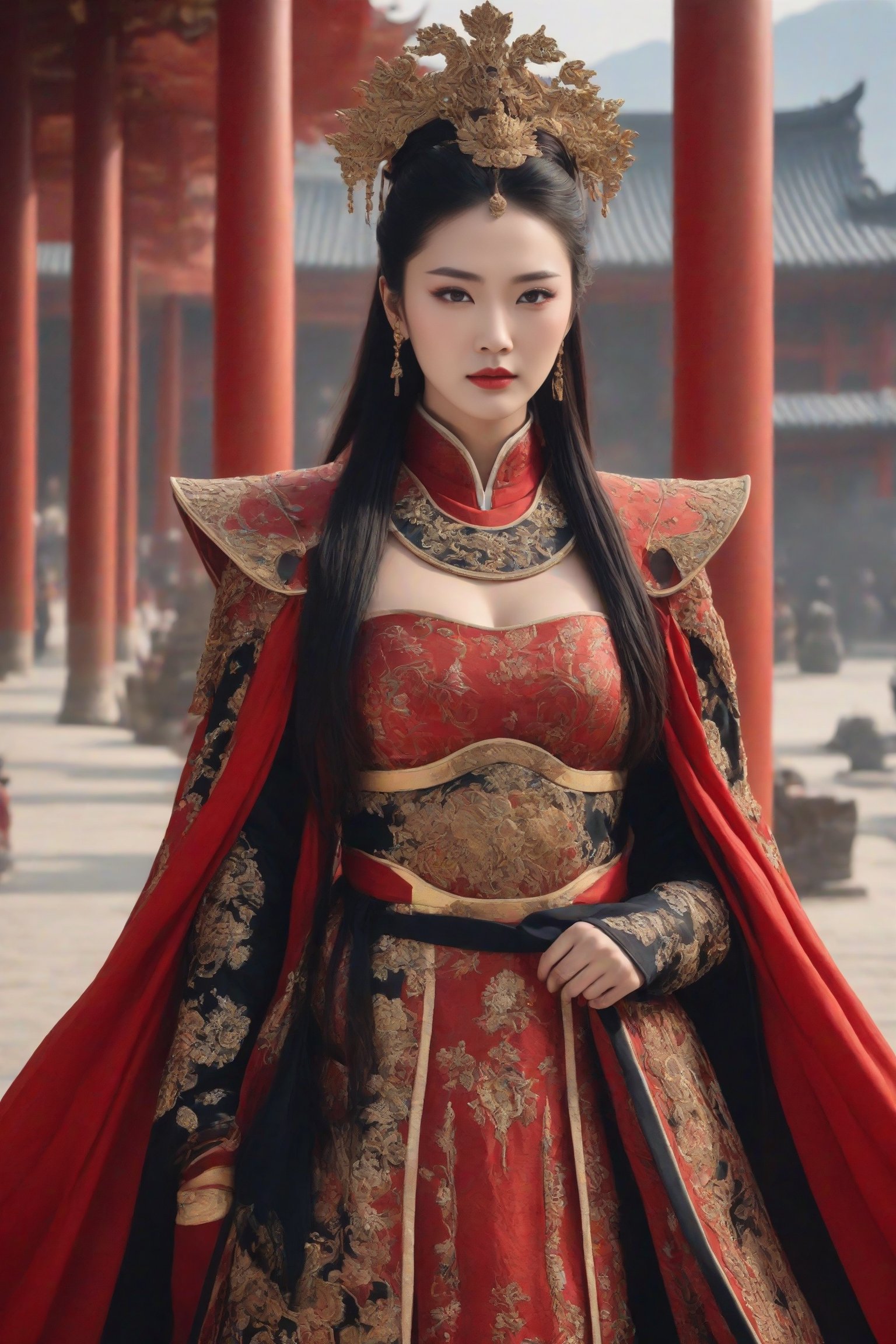 create a hyper-realistic image of Empress Wu zetian of ancient china,  ((red Chinese empress gown)),  8k by Golf on Tensor...