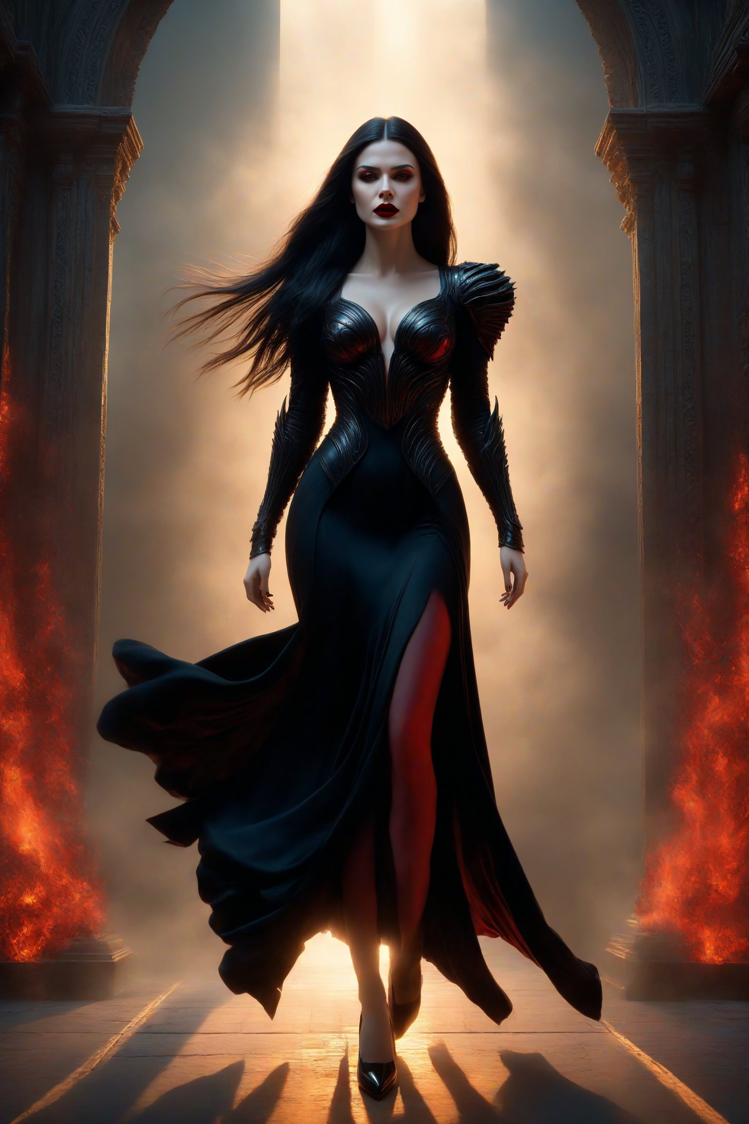 best quality, masterpiece, (((black heels:1.4))),(((full body shot:1.4))),	(((smirk:1.7))),	(standing:1.9),	((dark red lipstick)),  framing her angry face, a very beautiful black long hair woman, wearing a black gown, malevolent grace, Her presence fills the air with a palpable sense of dread, 
ultra realistic illustration,siena natural ratio, by Ai Pic 3D,	cinematic lighting, ambient lighting, sidelighting, cinematic shot,	(full body view:1.4), 	octane render Artstation perfect composition, intricate details, hyper details, masterpiece, perfect composition, perfect anatomy, perfect lighting, sf, intricate artwork masterpiece, ominous, matte painting movie poster, golden ratio, trending on cgsociety, intricate, epic, trending on artstation, by artgerm, h. r. giger and beksinski, highly detailed, vibrant, production cinematic character render, ultra high quality model.,b3rli,aesthetic portrait,bianca_bradey,(PnMakeEnh),LegendDarkFantasy