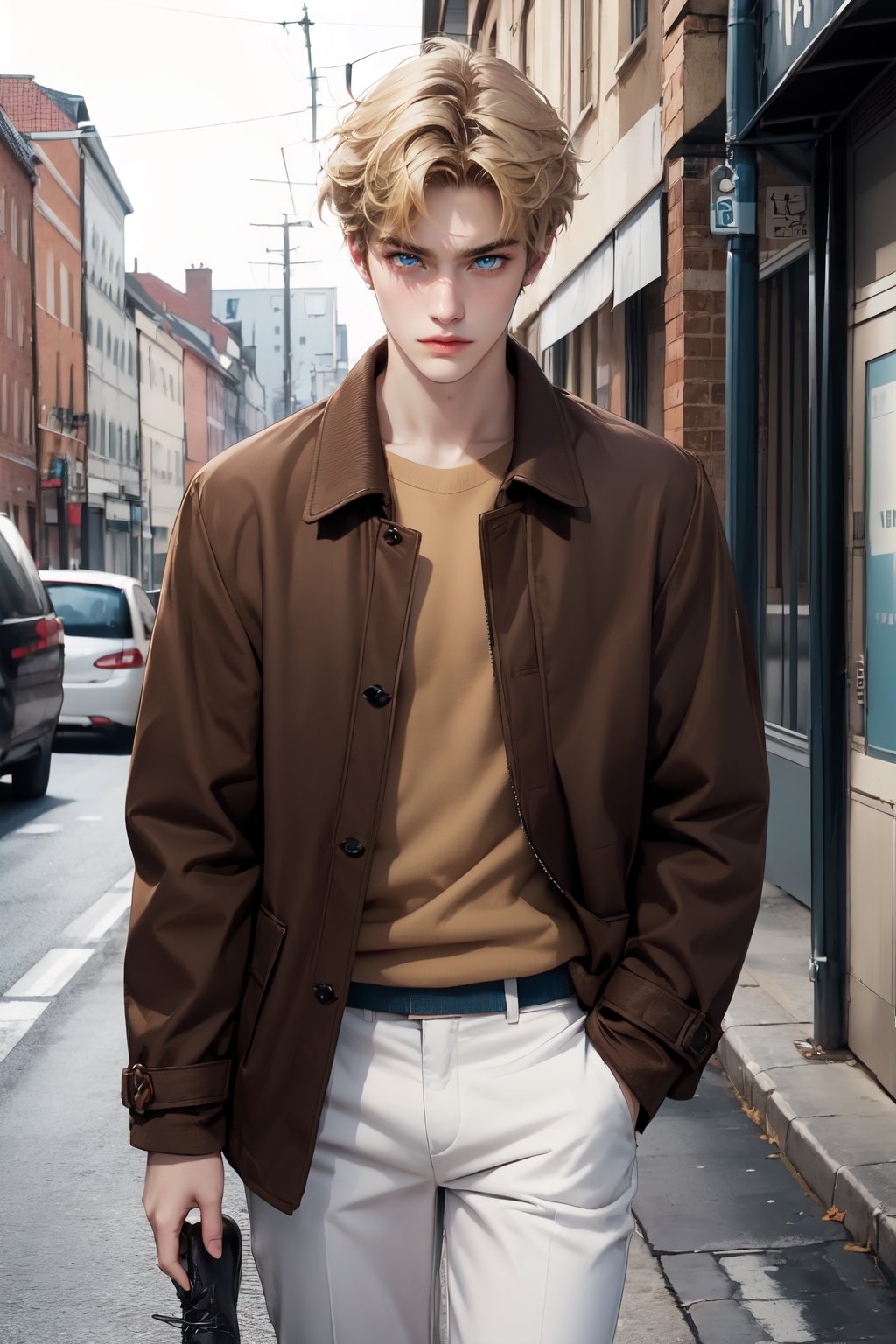 1male,blue eyes, handsome,black shirt,  brown jacket coat, white pants, slender, 17 years old boy, blonde ,Detailedface, realistic skin, pale skin, black shoes, walking, 